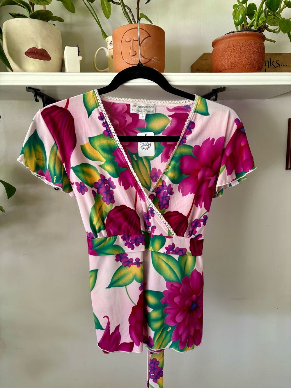 Christopher & Banks Pink Floral Wrap Top with Green Accents